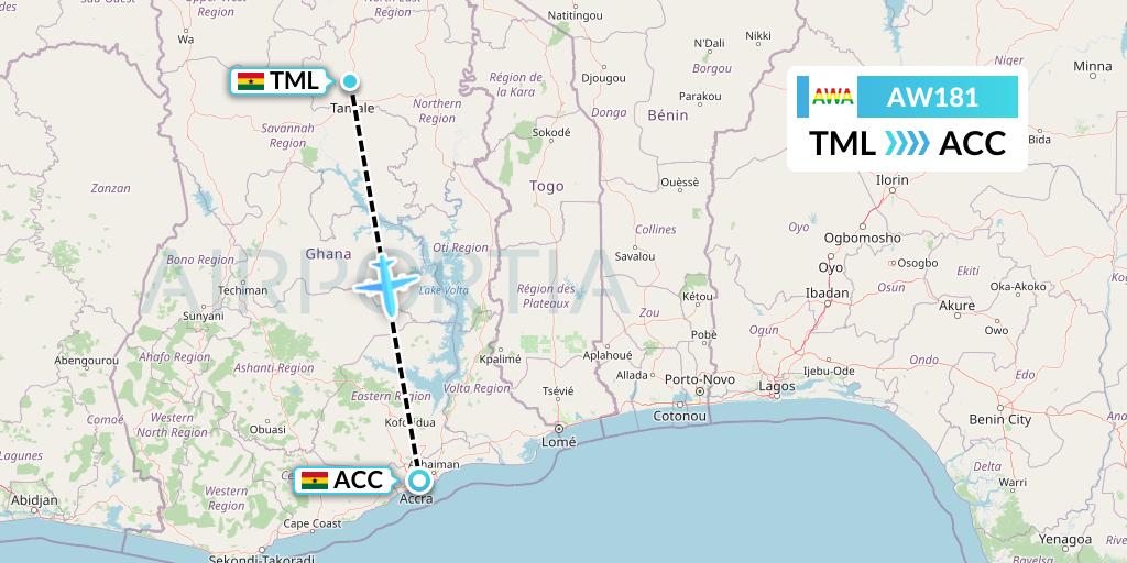 AW181 Africa World Airlines Flight Map: Tamale to Accra