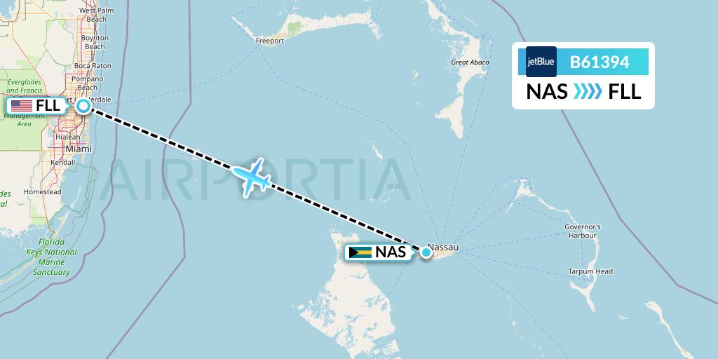 B61394 JetBlue Airways Flight Map: Nassau to Fort Lauderdale