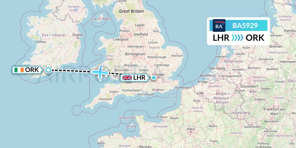 BA5929 British Airways Flight Map: London to Cork