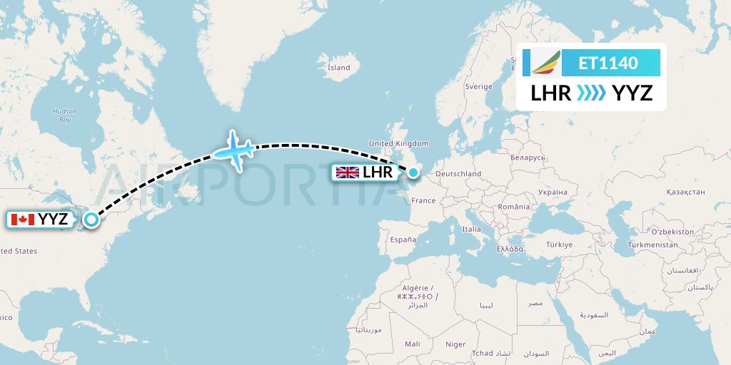 ET1140 Ethiopian Airlines Flight Map: London to Toronto