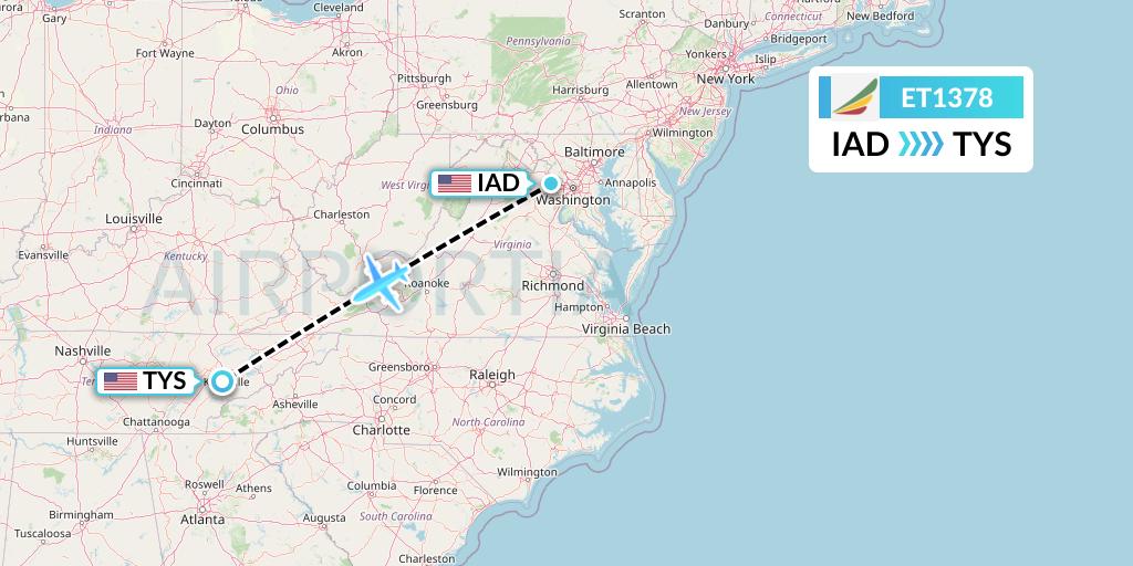 ET1378 Ethiopian Airlines Flight Map: Washington to Knoxville