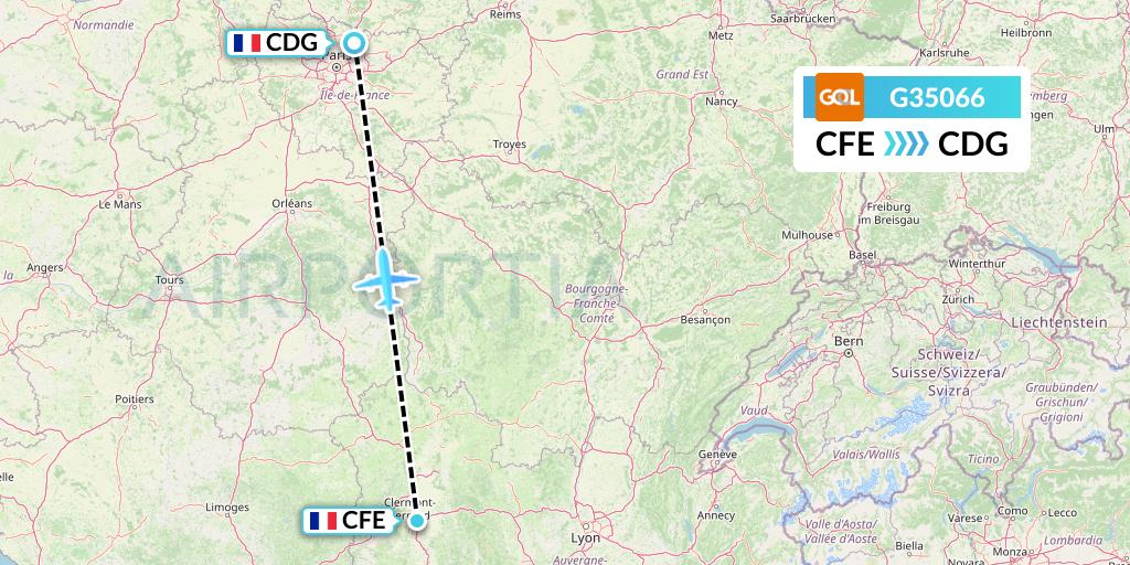 G35066 GOL Transportes Aeros Flight Map: Clermont-Ferrand to Paris
