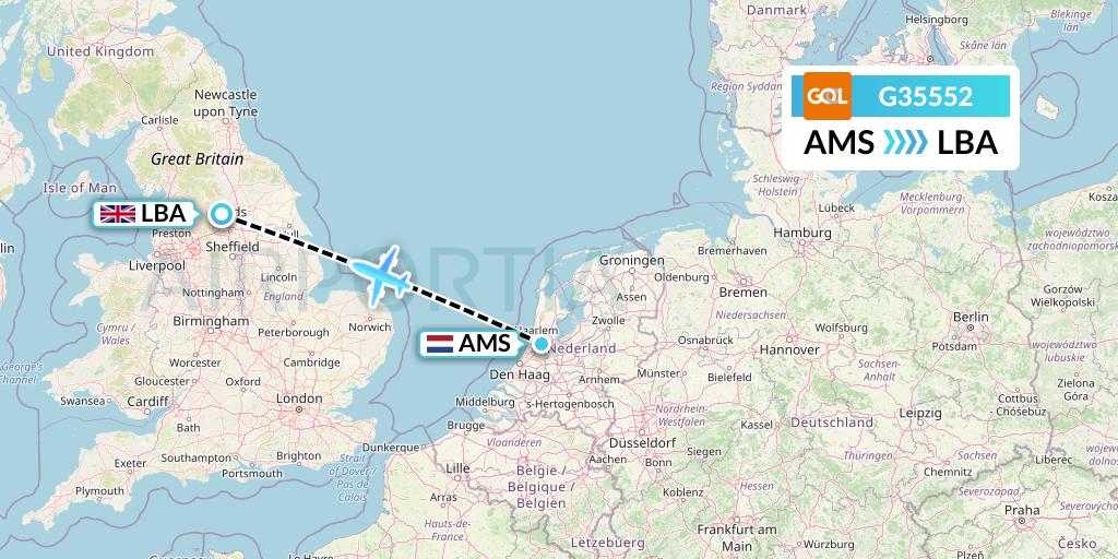 G35552 GOL Transportes Aeros Flight Map: Amsterdam to Leeds