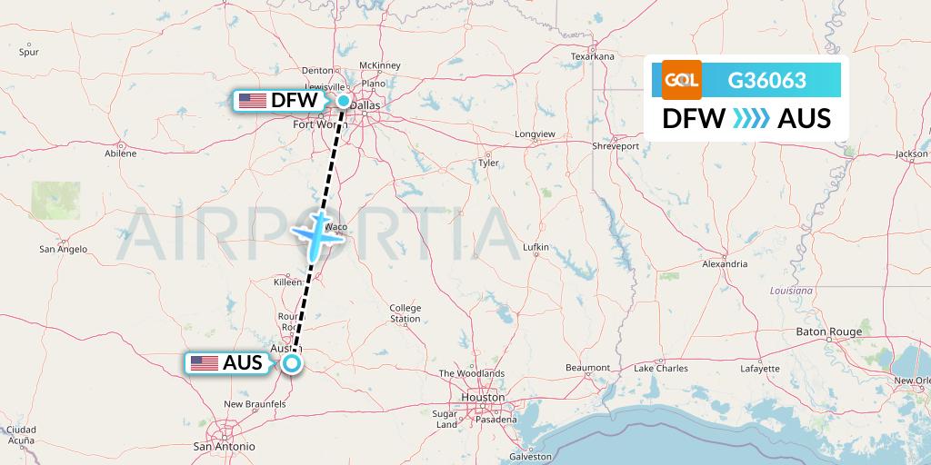 G36063 GOL Transportes Aeros Flight Map: Dallas to Austin