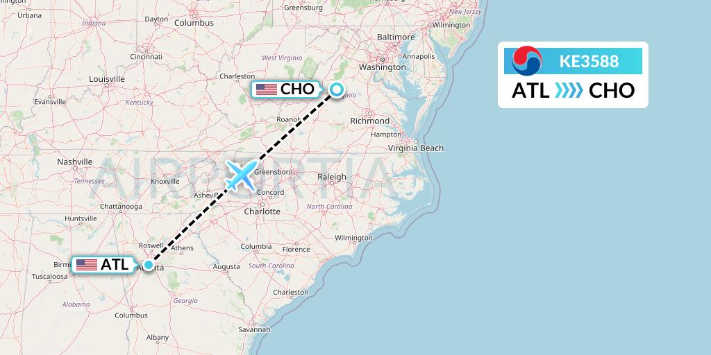 KE3588 Korean Air Flight Map: Atlanta to Charlottesville