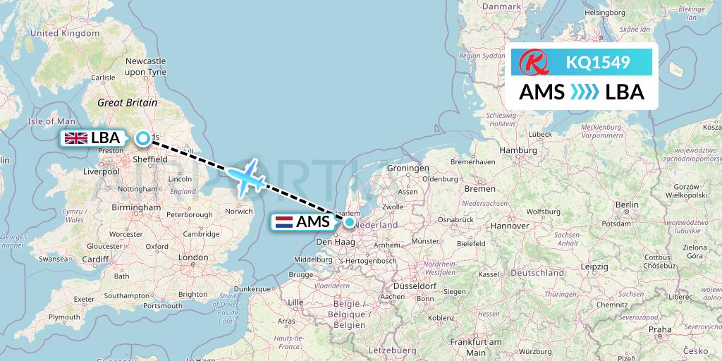 KQ1549 Kenya Airways Flight Map: Amsterdam to Leeds
