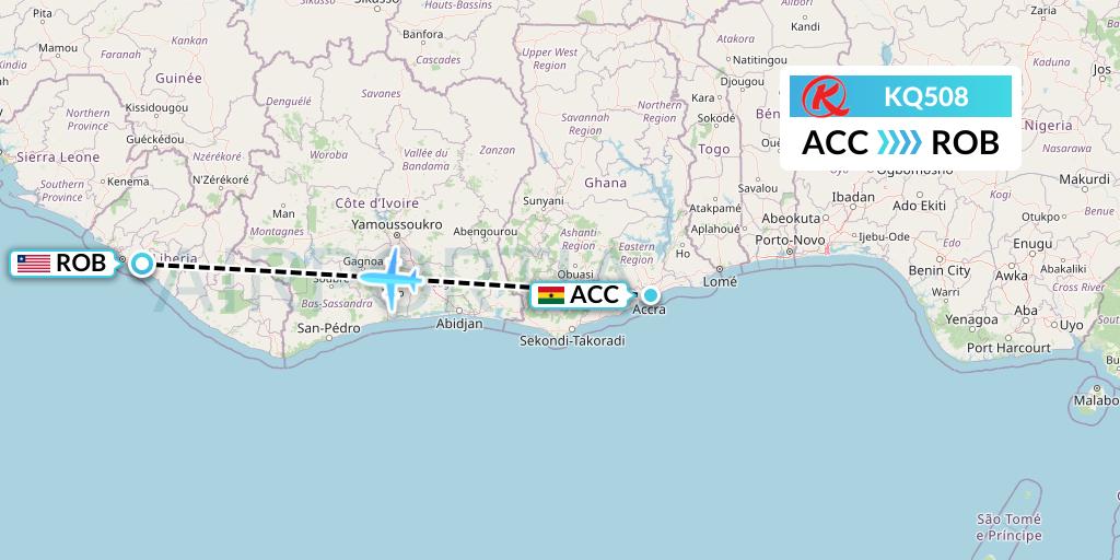 KQ508 Kenya Airways Flight Map: Accra to Monrovia
