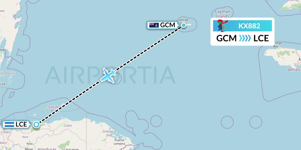 KX882 Cayman Airways Flight Map: George Town to La Ceiba