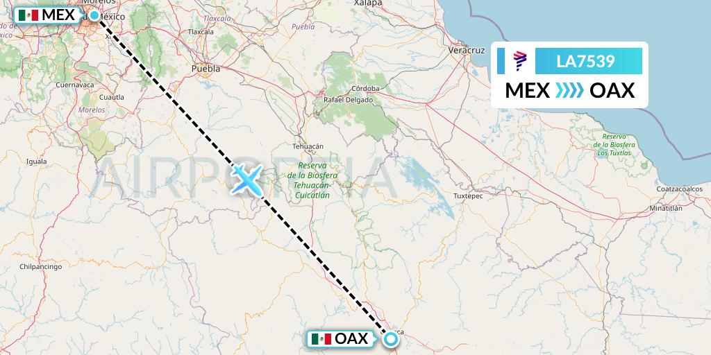 LA7539 LAN Airlines Flight Map: Mexico City to Oaxaca
