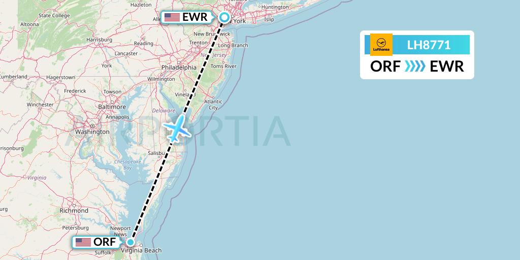 LH8771 Lufthansa Flight Map: Norfolk to New York