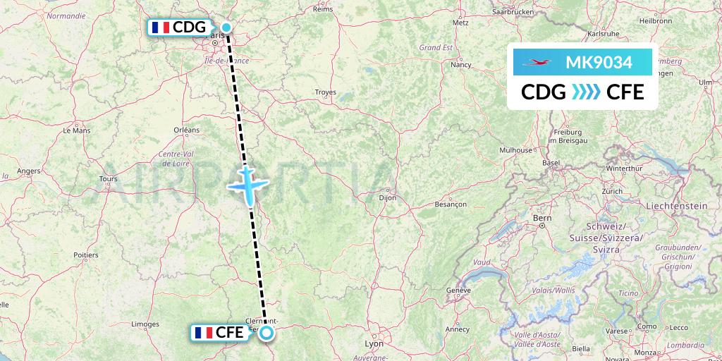 MK9034 Air Mauritius Flight Map: Paris to Clermont-Ferrand