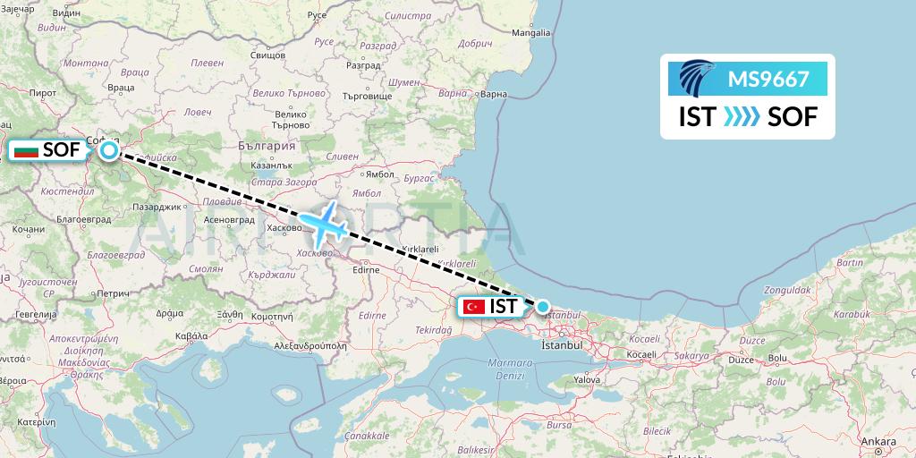 MS9667 EgyptAir Flight Map: Istanbul to Sofia