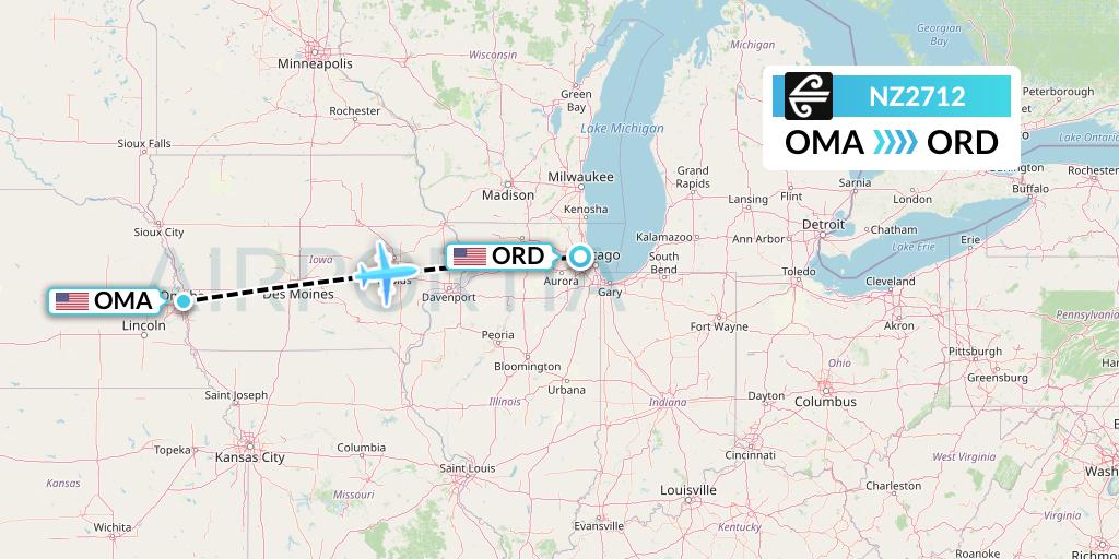 NZ2712 Air New Zealand Flight Map: Omaha to Chicago