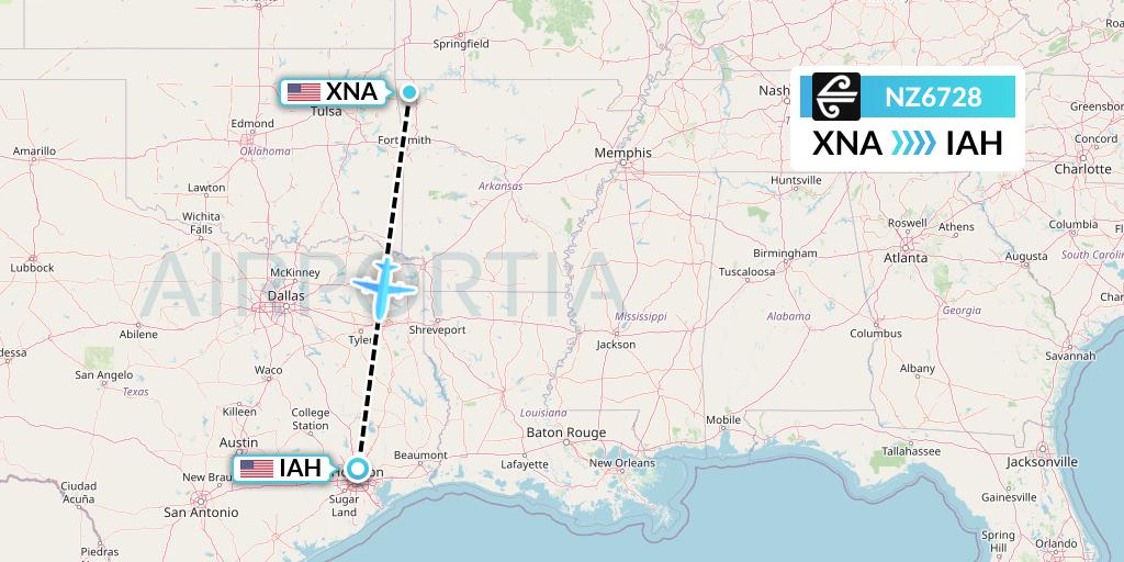 NZ6728 Air New Zealand Flight Map: Bentonville to Houston