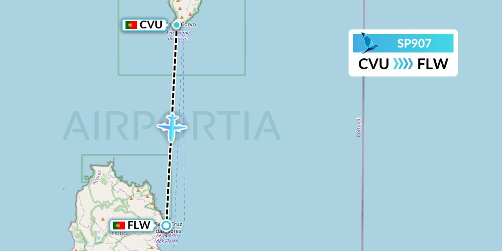 SP907 SATA Air Acores Flight Map: Corvo to Flores