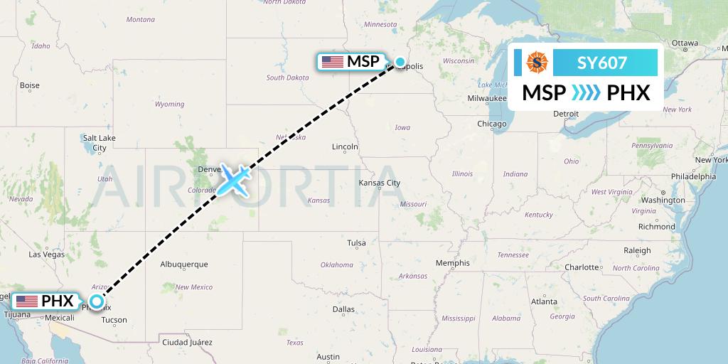 SY607 Sun Country Airlines Flight Map: Minneapolis to Phoenix