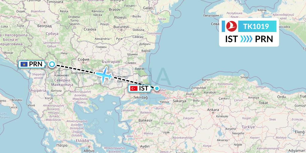 TK1019 Turkish Airlines Flight Map: Istanbul to Pristina