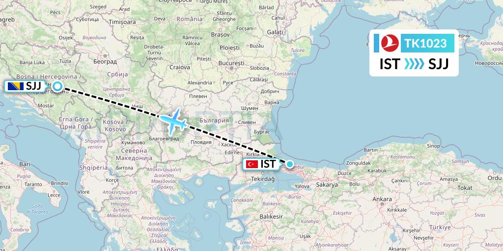 TK1023 Turkish Airlines Flight Map: Istanbul to Sarajevo