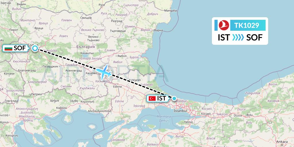 TK1029 Turkish Airlines Flight Map: Istanbul to Sofia