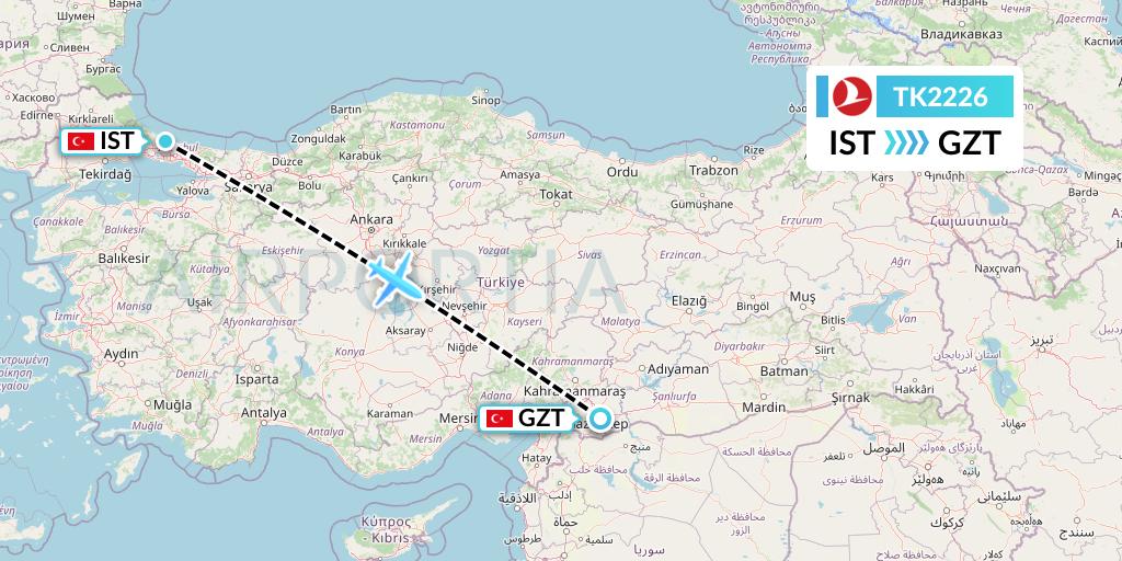 TK2226 Turkish Airlines Flight Map: Istanbul to Gaziantep