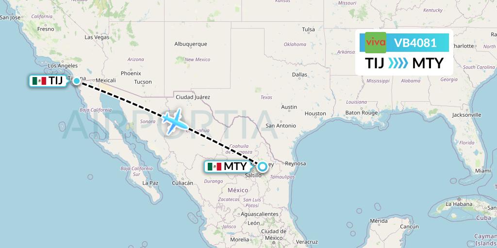 VB4081 VivaAerobus Flight Map: Tijuana to Monterrey