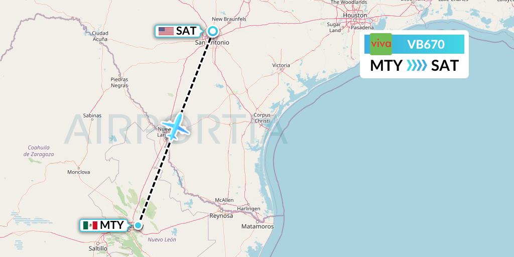 VB670 VivaAerobus Flight Map: Monterrey to San Antonio