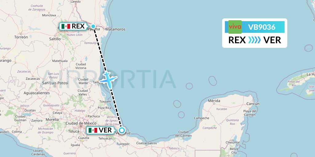 VB9036 VivaAerobus Flight Map: Reynosa to Veracruz
