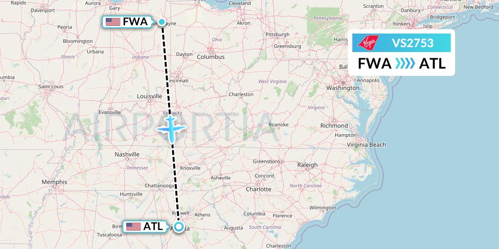 VS2753 Virgin Atlantic Airways Flight Map: Fort Wayne to Atlanta