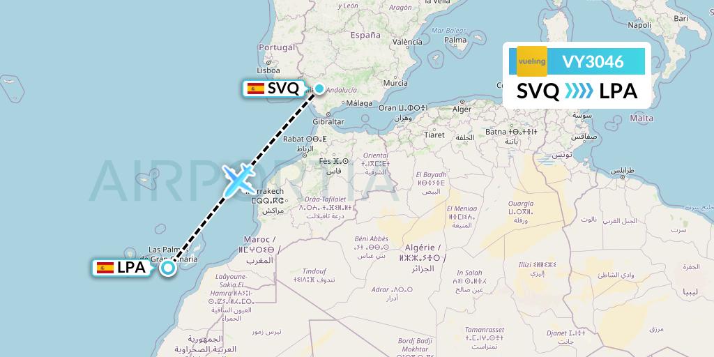 VY3046 Vueling Flight Map: Seville to Las Palmas