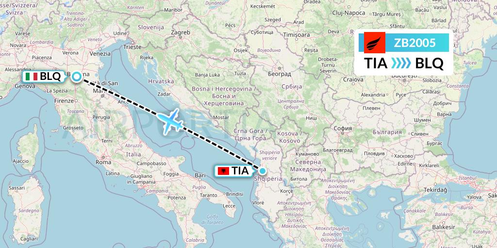ZB2005 Air Albania Flight Map: Tirana to Bologna