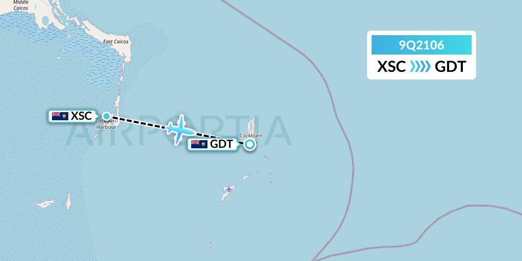 9Q2106 Caicos Express Airways Flight Map: Turks and Caicos Islands to Cockburn Town