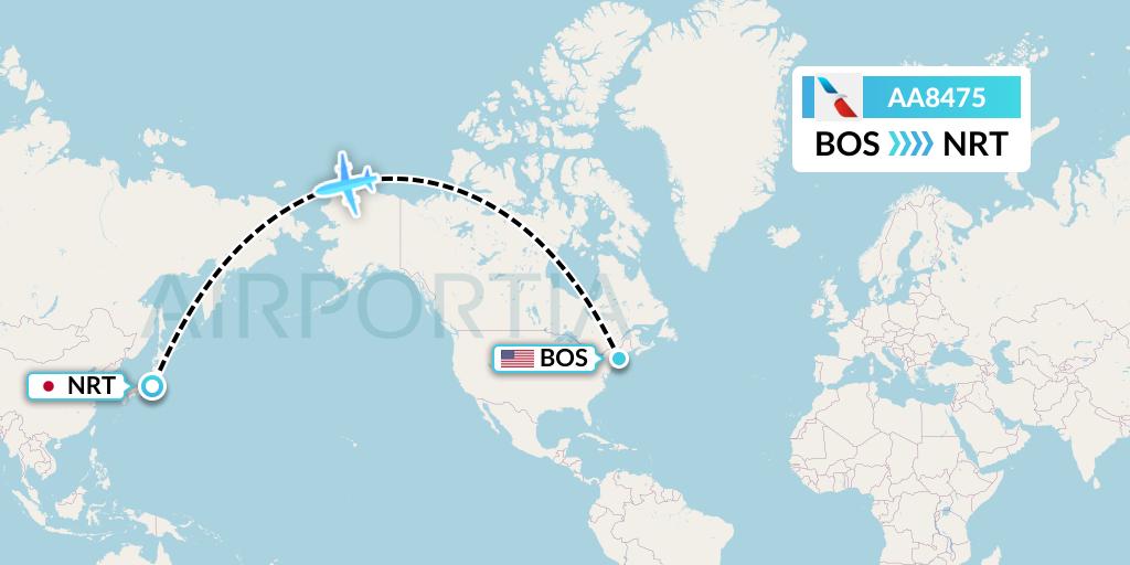 AA8475 American Airlines Flight Map: Boston to Tokyo