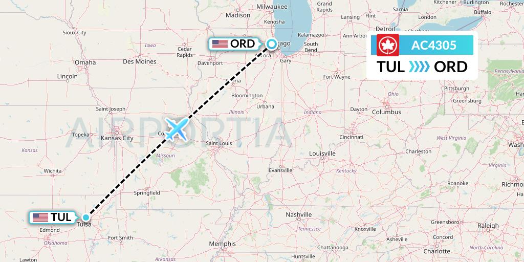 AC4305 Air Canada Flight Map: Tulsa to Chicago