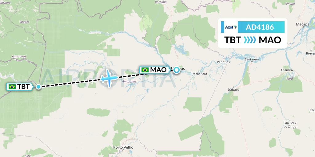 AD4186 Azul Brazilian Airlines Flight Map: Tabatinga to Manaus