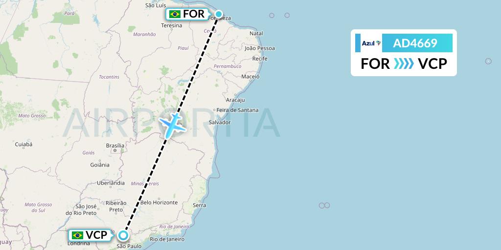 AD4669 Azul Brazilian Airlines Flight Map: Fortaleza to Campinas