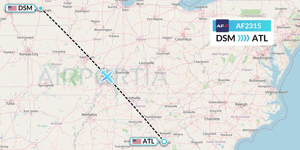 AF2315 Air France Flight Map: Des Moines to Atlanta