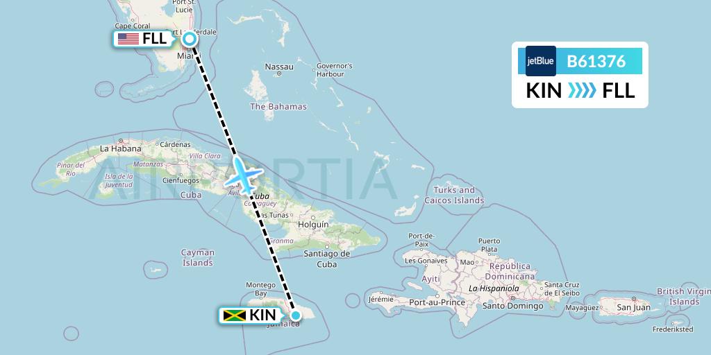 B61376 JetBlue Airways Flight Map: Kingston to Fort Lauderdale