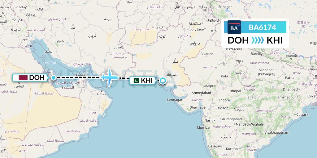 BA6174 British Airways Flight Map: Doha to Karachi