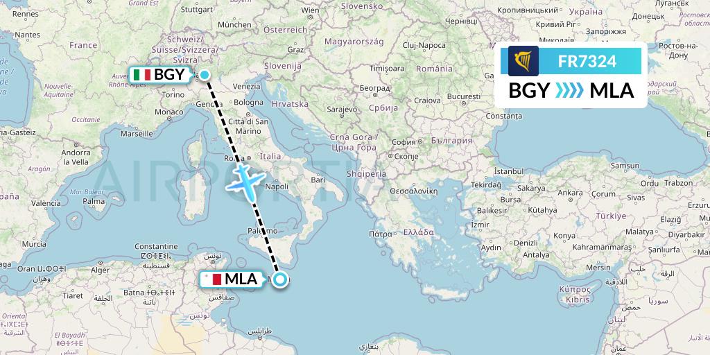 FR7324 Ryanair Flight Map: Milan to Malta