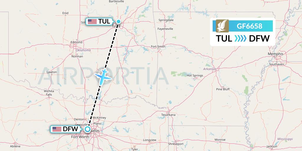 GF6658 Gulf Air Flight Map: Tulsa to Dallas