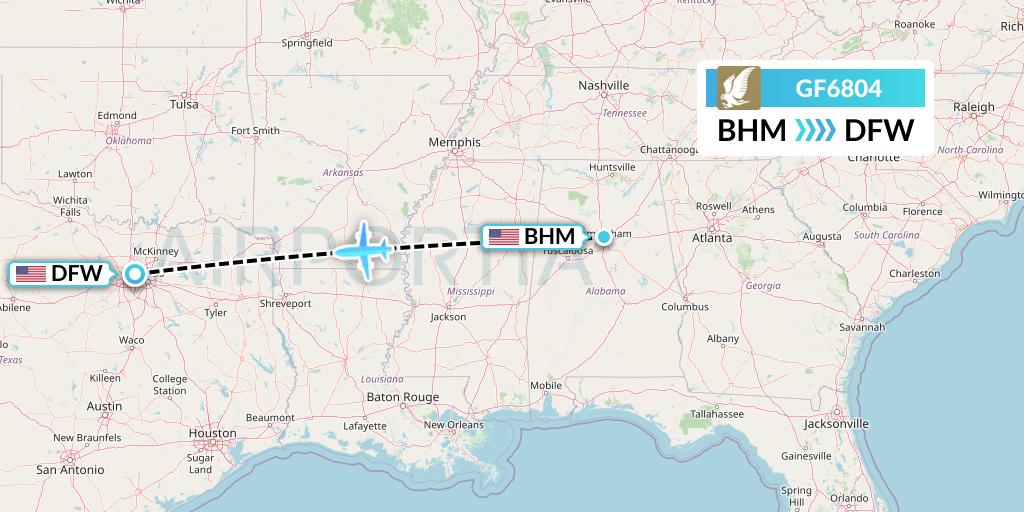 GF6804 Gulf Air Flight Map: Birmingham to Dallas