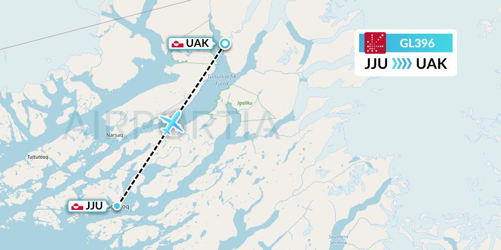 GL396 Air Greenland Flight Map: Qaqortoq to Narsarsuaq