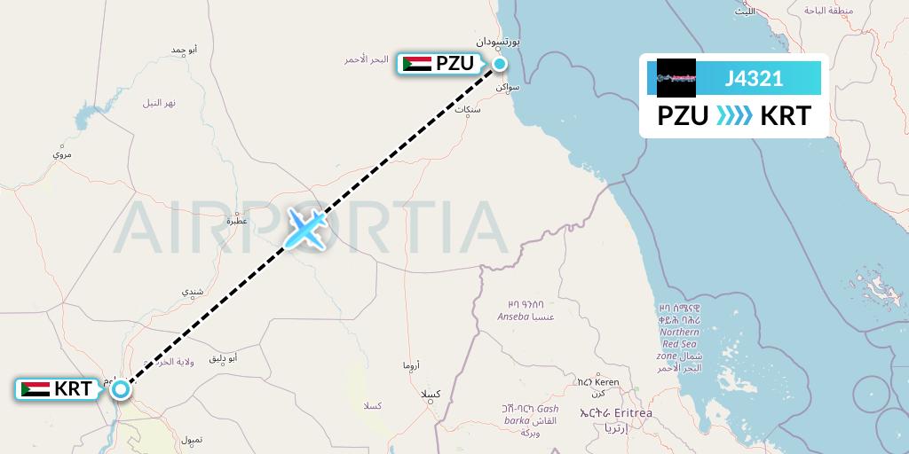 J4321 Badr Airlines Flight Map: Port Sudan to Khartoum