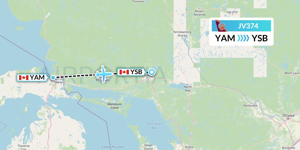 JV374 Bearskin Airlines Flight Map: Sault Ste. Marie to Sudbury