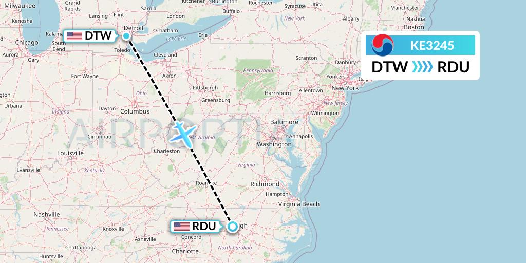 KE3245 Korean Air Flight Map: Detroit to Raleigh-Durham