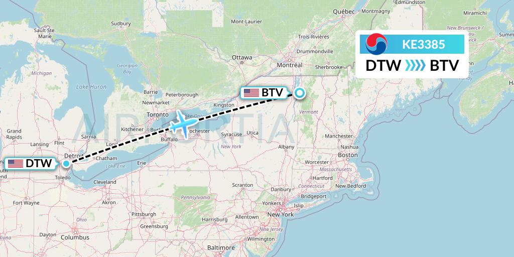 KE3385 Korean Air Flight Map: Detroit to Burlington