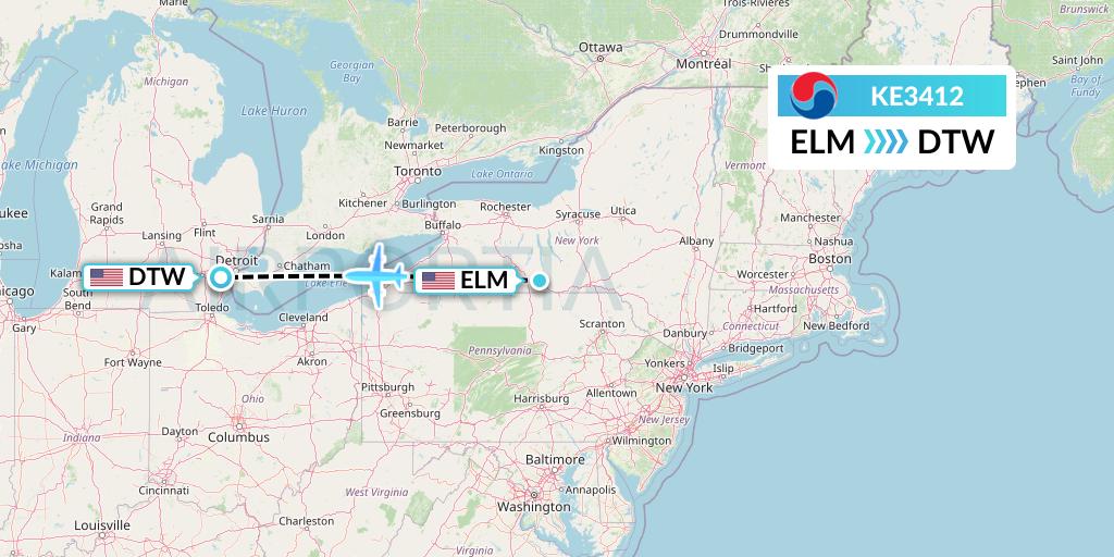 KE3412 Korean Air Flight Map: Elmira to Detroit