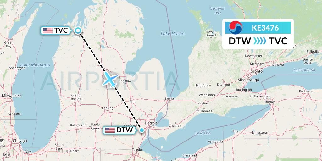 KE3476 Korean Air Flight Map: Detroit to Traverse City