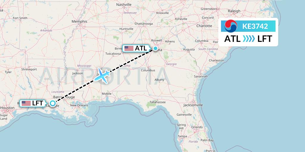 KE3742 Korean Air Flight Map: Atlanta to Lafayette