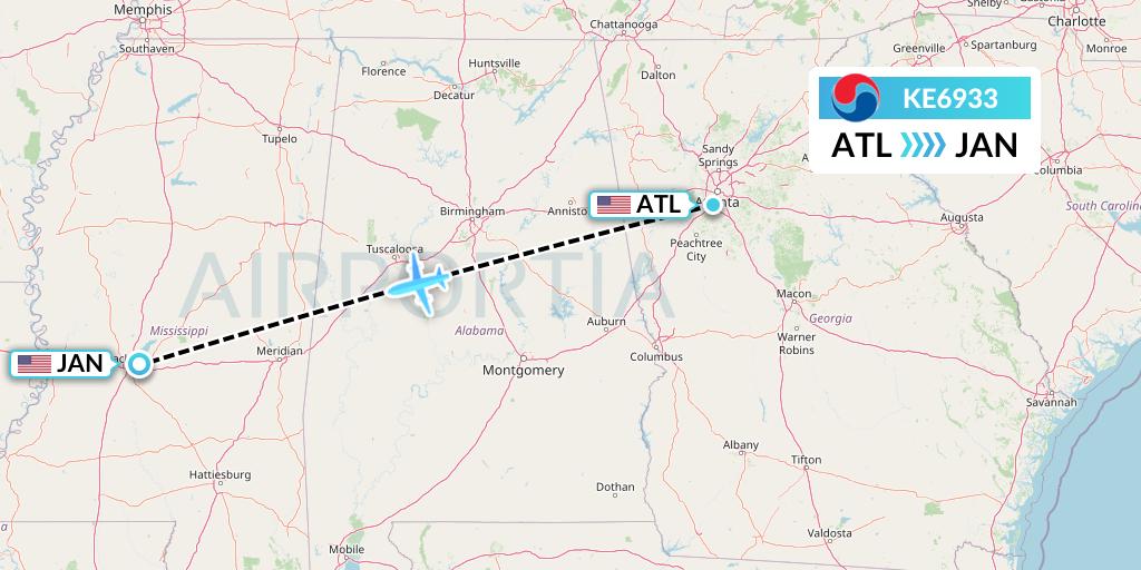 KE6933 Korean Air Flight Map: Atlanta to Jackson